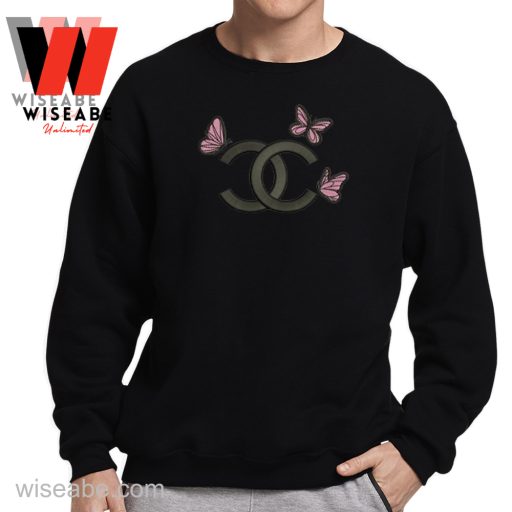 Wiseabe Cheap Pink Butterfly Chanel Logo Embroidered Sweatshirt, Chanel Inspired Shirt Womens