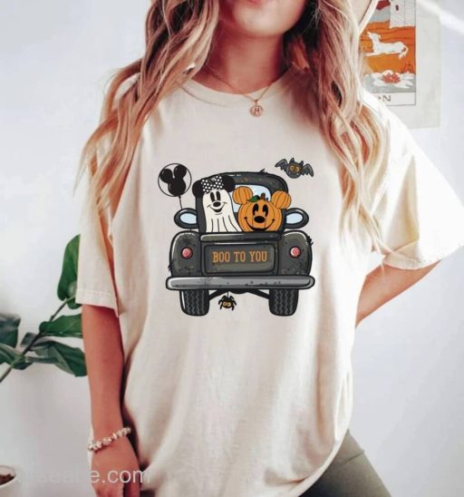 Wiseabe Boo To You Mickey Pumpkin Truck Shirt, Mickey Minnie Ghost Halloween Shirt, Disney Spooky Season Shirt, Mickey Minnie Shirt