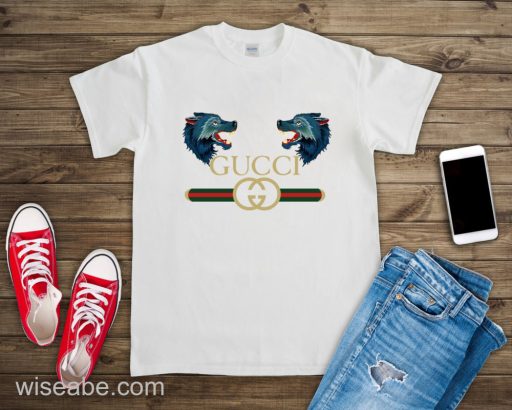 Wiseabe Cheap Gucci Logo Double Wolves Tshirt, Gucci Fashion Tshirt, Gifts For Her, Gifts For Him, Couples Gucci Tshirt