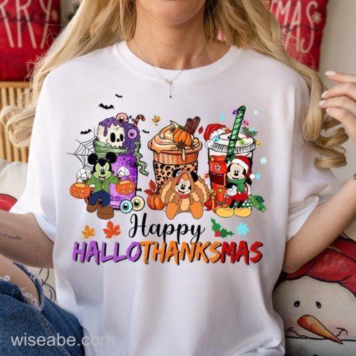 Wiseabe Happy HalloThanksMas Shirt, Disney Mickey Coffee Halloween Thanksgiving Christmas, Mickey Halloween Coffee Sweatshirt