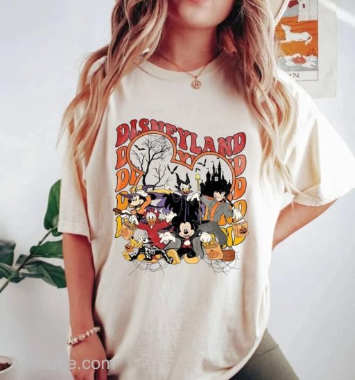 Wiseabe Vintage Disneyland Halloween T-Shirt, Mickey and Friends Halloween Shirt, Mickey Skeleton Shirt, Disney Halloween Shirt