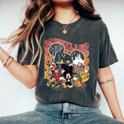 Wiseabe Vintage Disneyland Halloween T-Shirt, Mickey and Friends Halloween Shirt, Mickey Skeleton Shirt, Disney Halloween Shirt