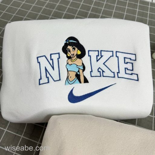Wiseabe Cheap Jasmine And Aladdin Disney Nike Embroidered Sweatshirts, Nike Embroidery Matching Couple Shirts, Cheap Nike Embroidered Shirt