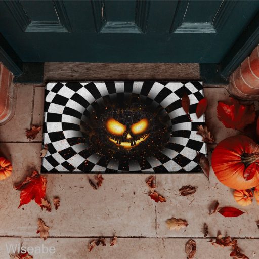 Black Cat Pumpkin In Horror Hole 3D Illusion Doormat , Halloween Front Door Decoration
