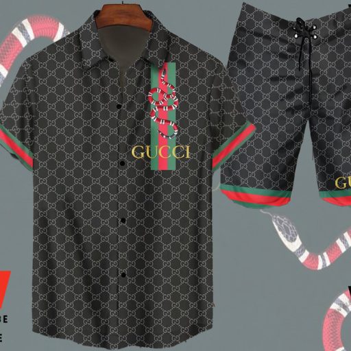 Black Gucci Hawaiian Shirt, Gucci Button Up Shirt,  Gucci Logo Shirt
