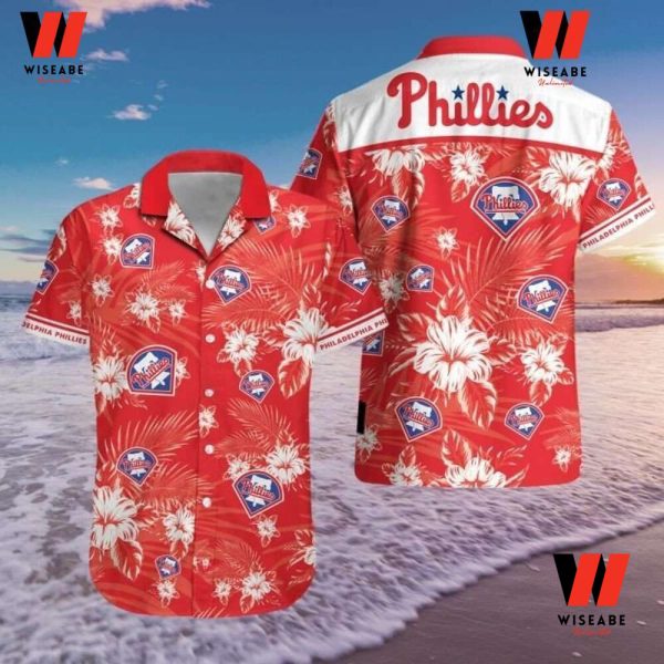 Cheap Red Tropical Florish Phialadelphia Phillies Logo Hawaiian Shirt Mens