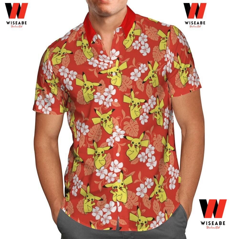 Cheap Tropical Floral Pattern Pikachu Pokemon Button Up Shirt, Pokemon Hawaiian Shirt