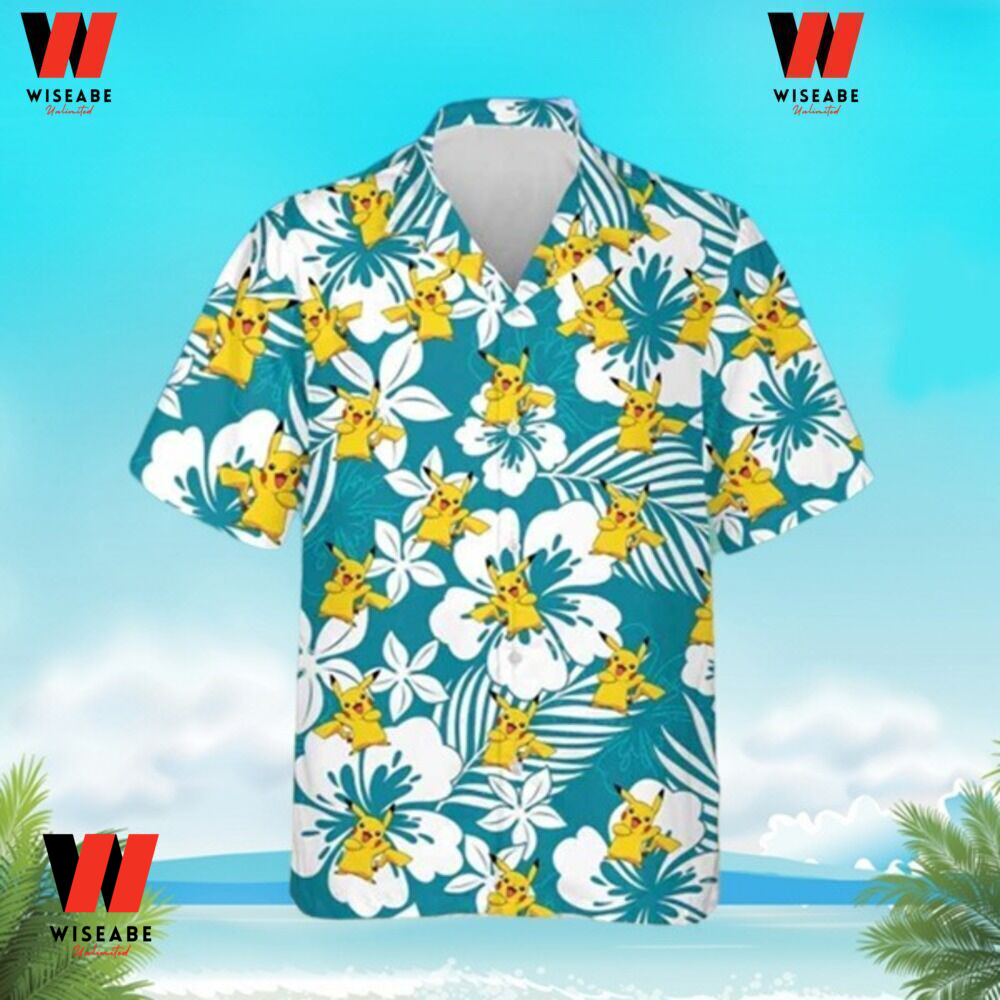 Cheap White Blue Tropical Floral Pattern Pokemon Hawaiian Shirt, Pikachu Shirt