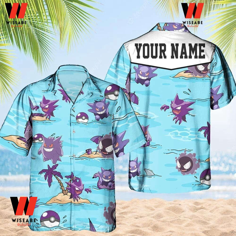 Custom Name Gengar On The Beach Pokemon Button Up Shirt, Personalized Pokemon Gifts