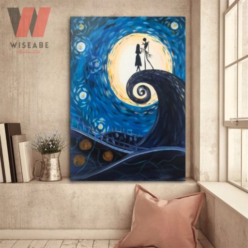 Cute Night Before Christmas Jack And Sally Under Full Moon Halloween Canvas Painting