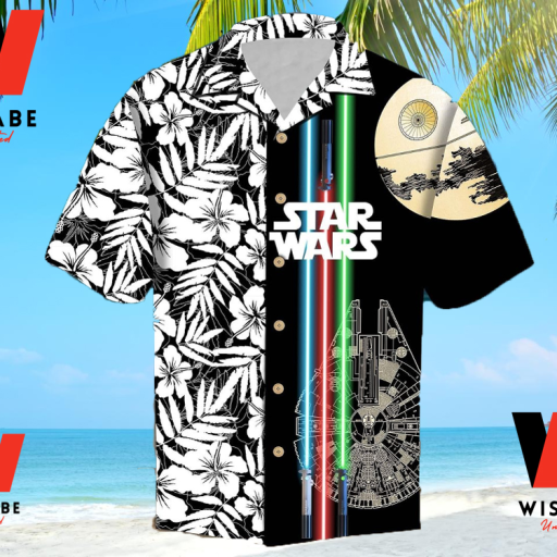 Black And White Tropical Flowers Light Saber Star Wars Hawaiian Shirt,  Star Wars Merchandise