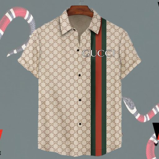 Cheap Cream Gucci Hawaiian Shirt, Gucci Logo Button Up Shirt