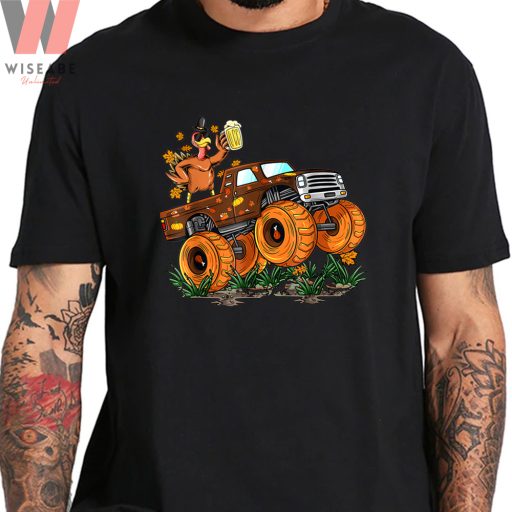 Cute Thanksgiving Turkey Riding Monster Truck Boys Turkey T Shirt