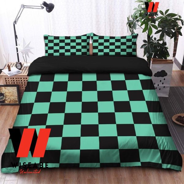 Green And Black Caro Haori Tanjiro Inspired Demon Slayer Bedding Set, Anime Bed Cover