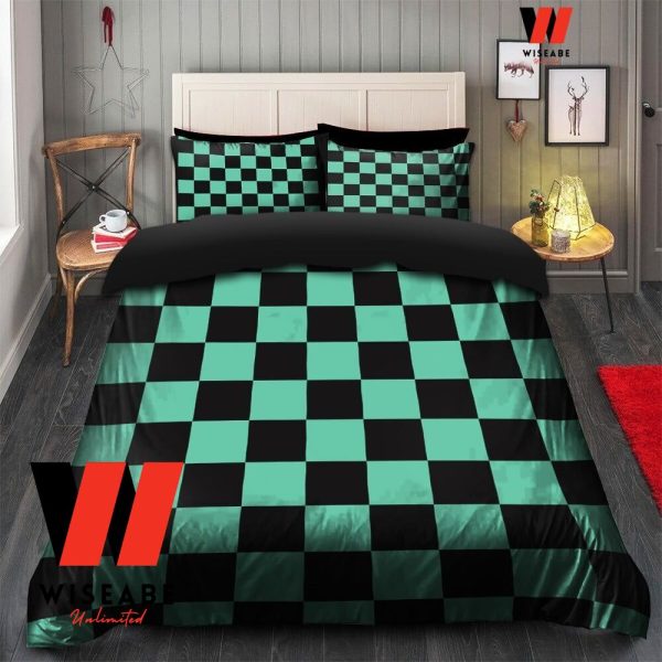 Green And Black Caro Haori Tanjiro Inspired Demon Slayer Bedding Set, Anime Bed Cover