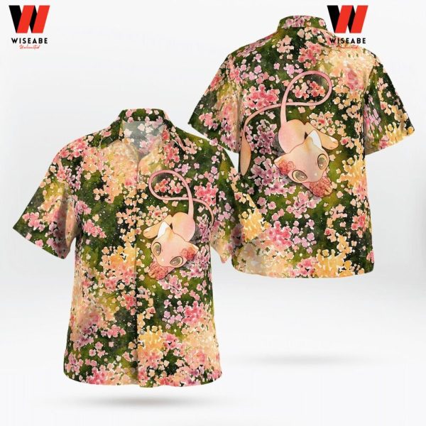 Cheap Mew Playing With Flowers Pokemon Hawaiian Shirt, Pokemon Button Up Shirt