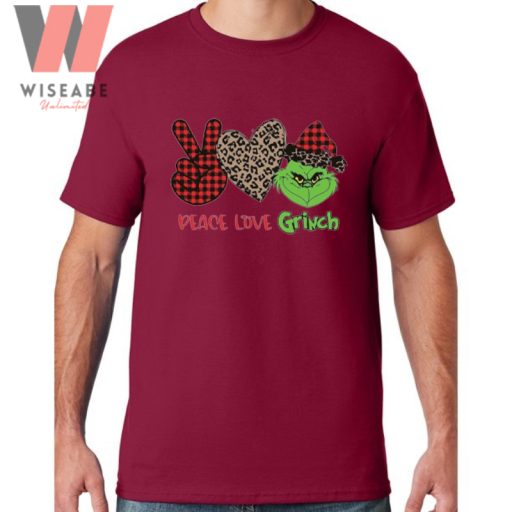 Cute Christmas Grinch Face Peace Love And Grinch Leopard And Caro Pattern T Shirt