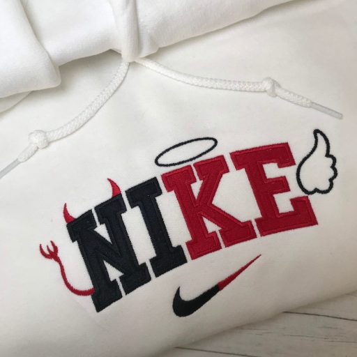 Unique Embroidered Nike Logo Angel And Devil Nike Halloween Sweatshirt