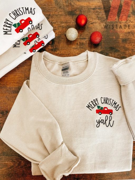 Cute Red Car Merry Christmas Y’all Embroidered Christmas Sweatshirt