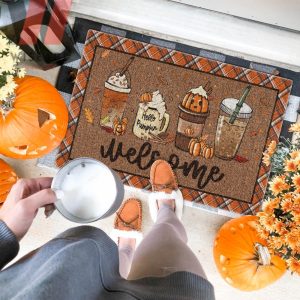 Thanksgiving Fall Coffee Welcome Fall Doormat, Thanksgiving Door Decor