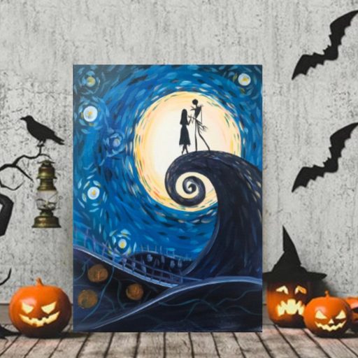 Cute Night Before Christmas Jack And Sally Under Full Moon Halloween Canvas Painting