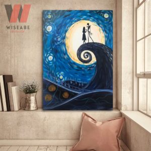 Night Before Christmas Jack And Sally Under Full Moon Halloween Canvas Painting