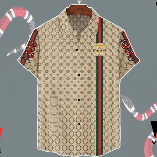 Cheap Snake On Sleeves Cream Gucci Hawaiian Shirt, Gucci Logo Button Up Shirt