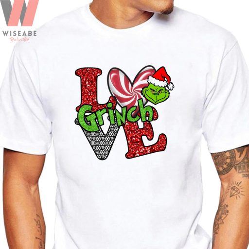 Cute Glitter Love Candy Heart With Grinch Santa Hat T Shirt