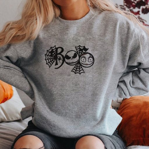 Cute Jack Skellington And Sally Embroidered Halloween Sweatshirt