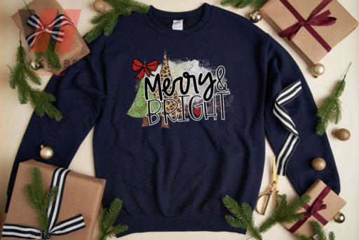 Vintage Christmas Tree Merry And Bright Crew Neck Sweatshirt