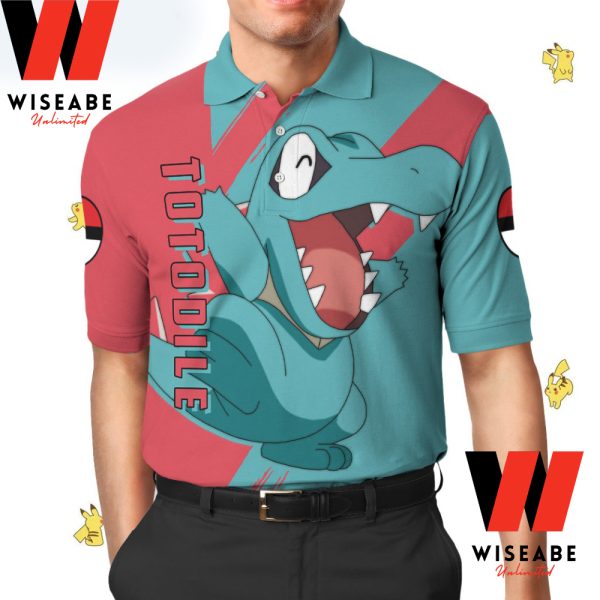 Cheap Pink And Blue Totodile Pokemon Polo Shirt, Pokemon Collared Shirt,Pokemon Gifts For Adults