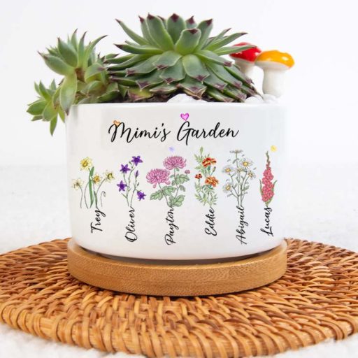 Custom Birth Flowers Mimi Garden Mom Plant Pot, Personalized Mother Plant Pot