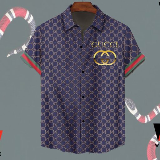 Cheap Navy Blue Gucci Hawaiian Shirt, Gucci Button Up Shirt, Cheap Gucci Shirt For Mens