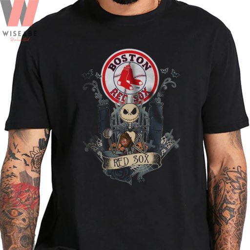 Cheap MLB Boston Red Sox And Jack Skellington Mens Red Sox T Shirt