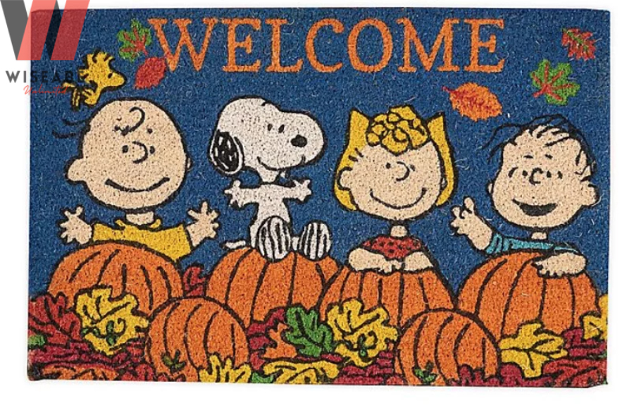 Cute Peanuts Characters And Pumpkins Welcome Fall Doormat, Thanksgiving Door Decor
