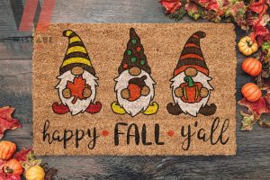 Three Gnomes Happy Fall Y'all Fall Doormat, Thanksgiving Door Decor