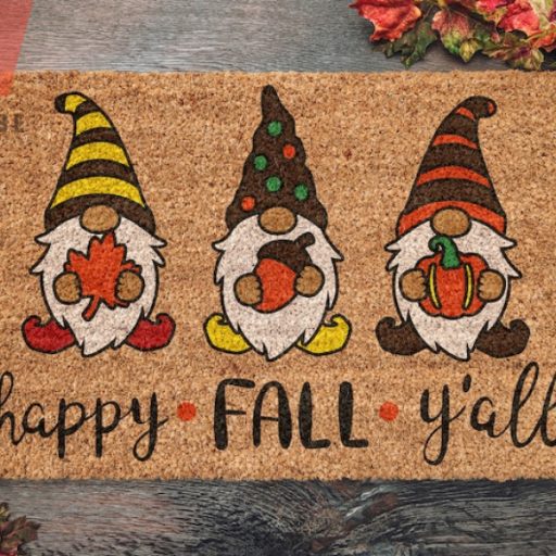 Three Gnomes Happy Fall Y'all Fall Doormat, Thanksgiving Door Decor