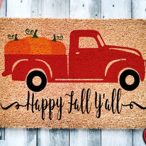 Unique Thanksgiving Happy Fall Y'all Pumpkin Antique Pickup Truck Fall Doormat, Thanksgiving Door Decor