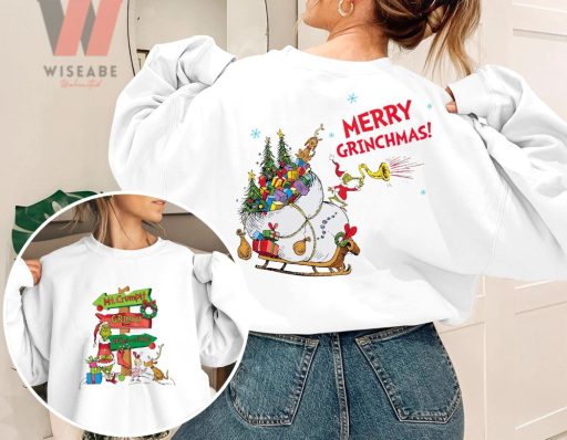 Merry Christmas Grinch Santa With Big Gift Bag Sleigh Two Side Grinch Crewneck Sweatshirt