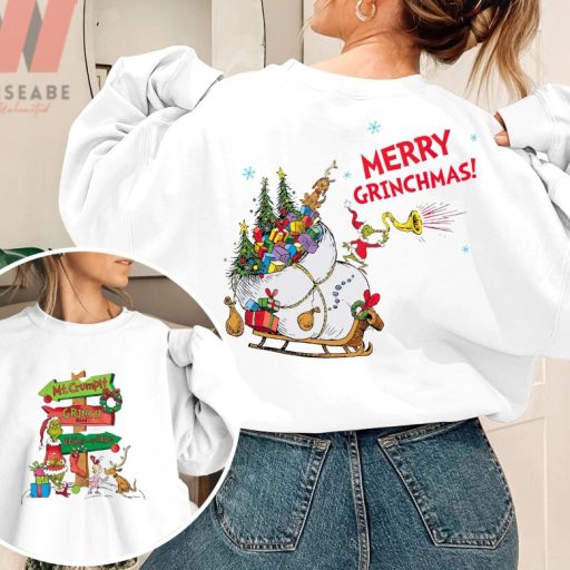 Merry Christmas Grinch Santa With Big Gift Bag Sleigh Two Side Grinch Crewneck Sweatshirt