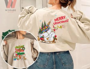 Merry Christmas Grinch Santa With Big Gift Bag Sleigh Two Side Grinch Crewneck Sweatshirt