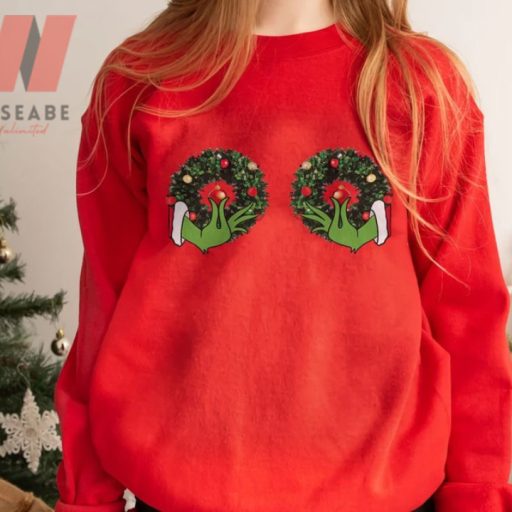 Funny Grinchs Hand Is On The Breast Red Grinch Crewneck Sweatshirt
