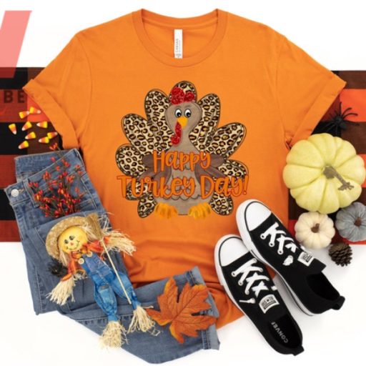 Cute Happy Turkeyday Leopard Turkey Pattern Thanksgiving T Shirt