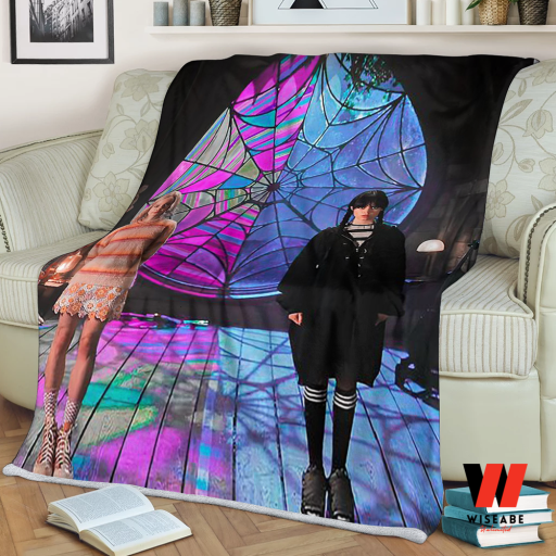 Wednesday Addams And Jenna Ortega Stained Glass Fleece Blanket, Wednesday Addams Merchandise