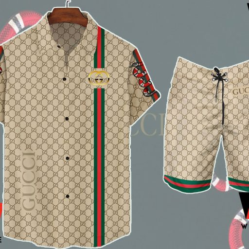 Cheap Snake On Sleeves Cream Gucci Hawaiian Shirt,  Gucci Logo Button Up Shirt