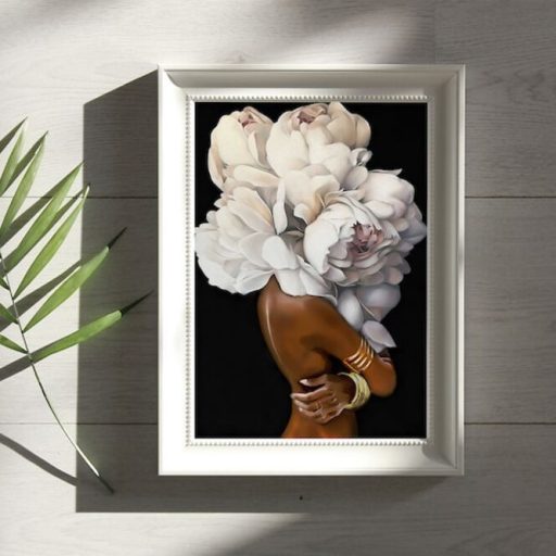 African American Women Black Girl With Flower Pot Head Wall Art Canvas, Black Mothers Day Gifts