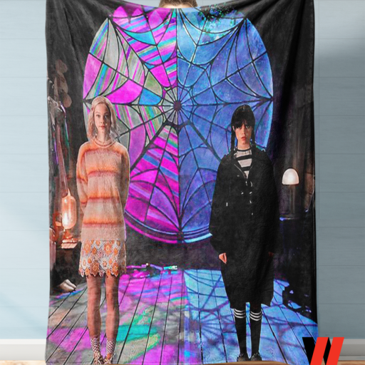 Wednesday Addams And Jenna Ortega Stained Glass Fleece Blanket, Wednesday Addams Merchandise