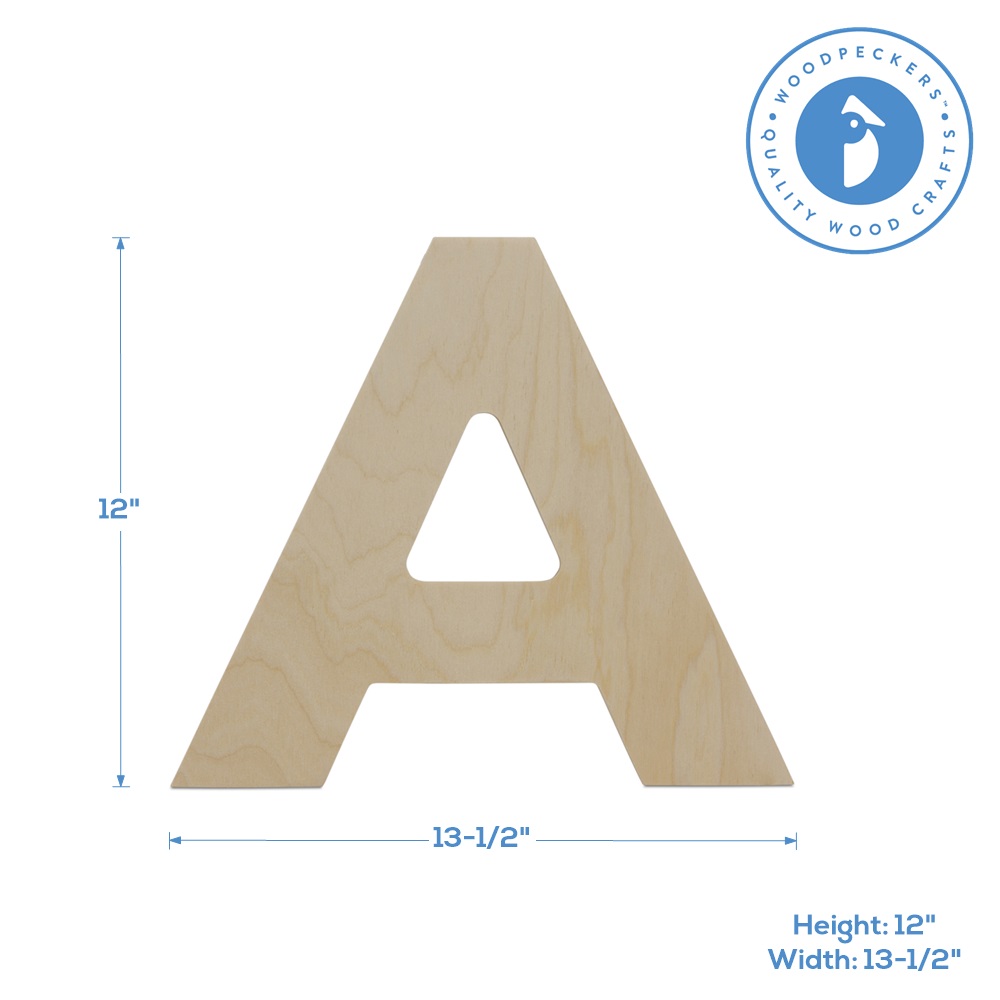 Wooden Letter A 12 inch, Unfinished Large Wood Letters for Crafts, Woodpeckers