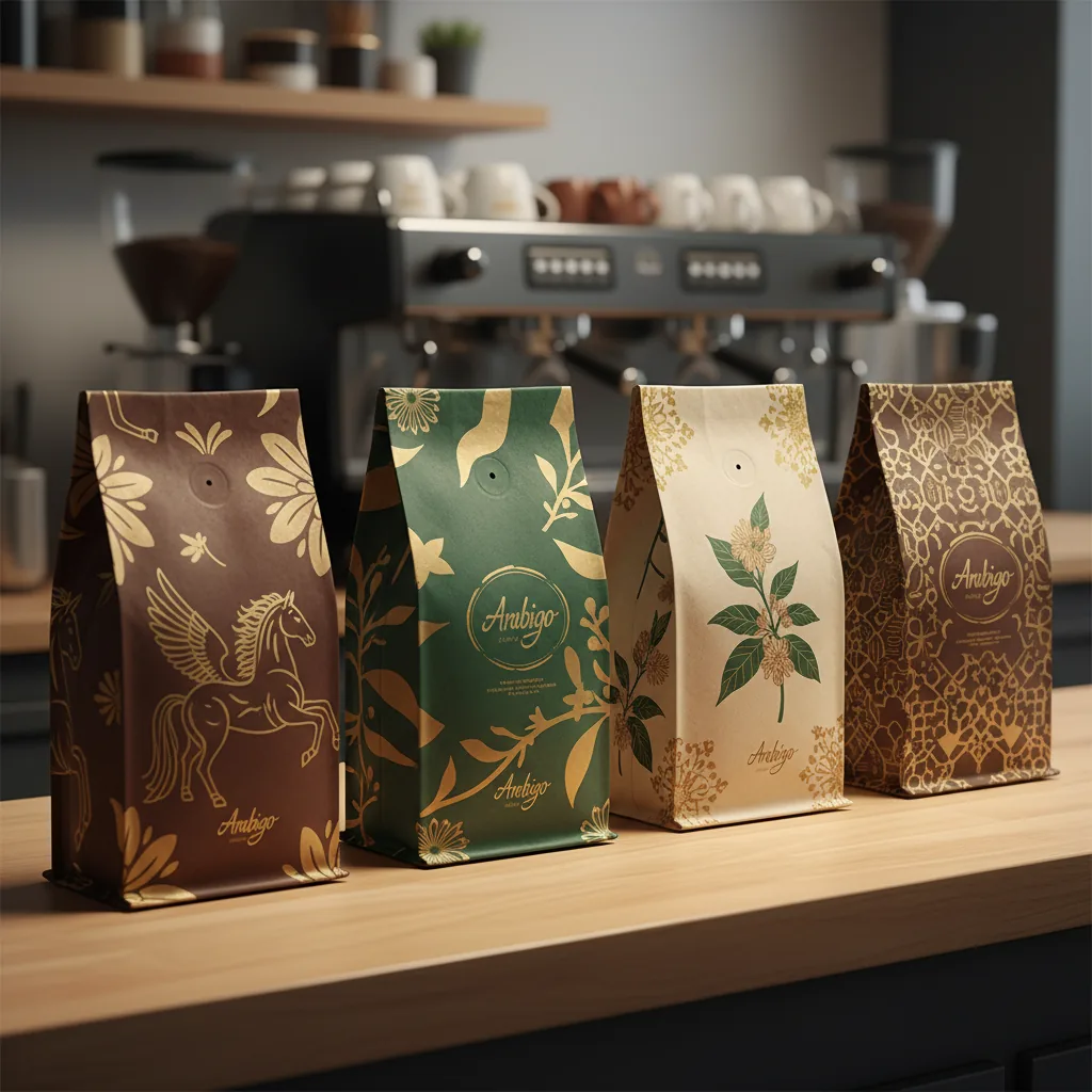 ภาพถุงเมล็ดกาแฟที่ออกแบบอย่างสวยงาม วางเรียงรายอยู่บนเคาน์เตอร์ร้านกาแฟ