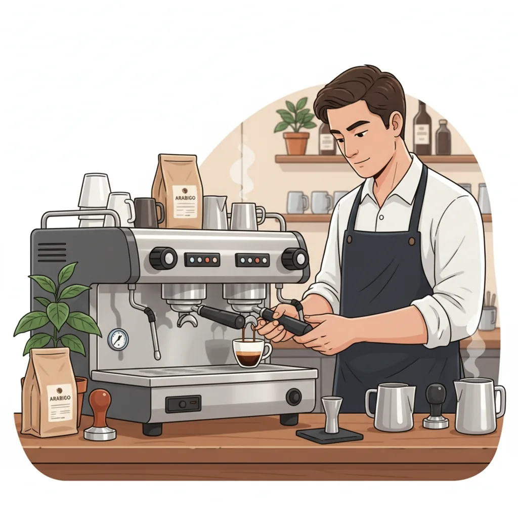 ภาพเครื่องชงกาแฟเอสเพรสโซ่แบบมืออาชีพ พร้อมบาริสต้ากำลังเตรียมช็อตเอสเพรสโซ่